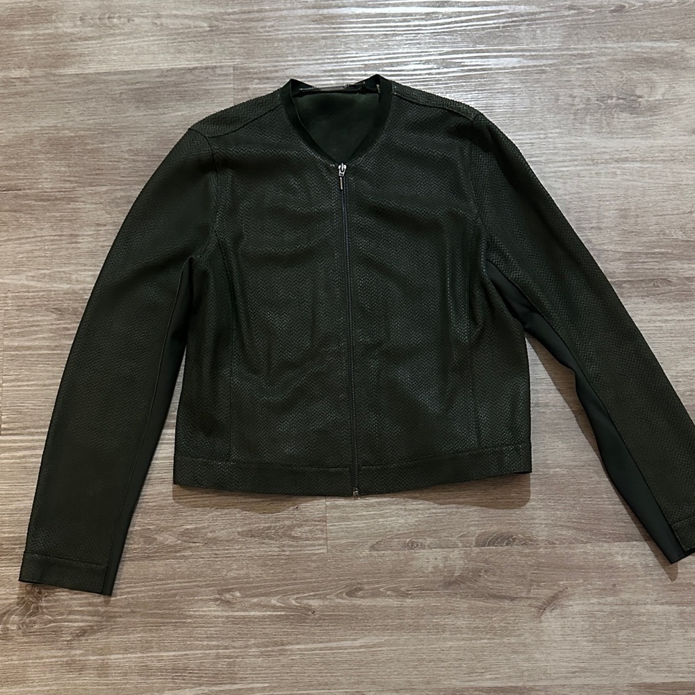 Elie Tahari Dark Green Lambskin Leather Bomber Jacket